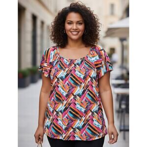 Colorful Geometric Artsy Super Stretch Flutter Short Sleeve Top Women 26W 28W 4x
